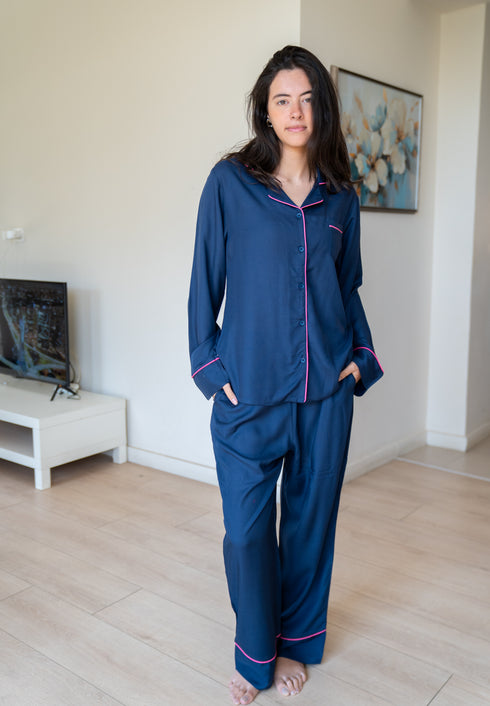 Women Summer Pajama Set Dark Blue buttoned shirt + Pants